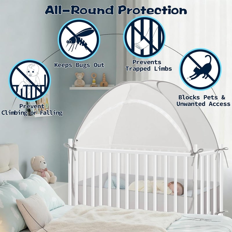 Akiky Large Pop Up Mosquito Net Crib Tent to Keep Baby from Climbing Out Baby Girl Netting Cover Canopy for Naps at Home&Traveling(Gray) - Image 2